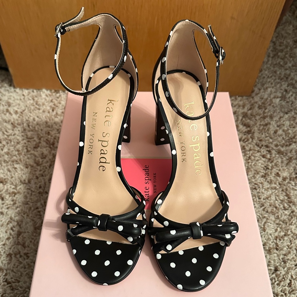 NWT Black polka dot Flamenco Kate Spade New York ankle strap heeled sandals